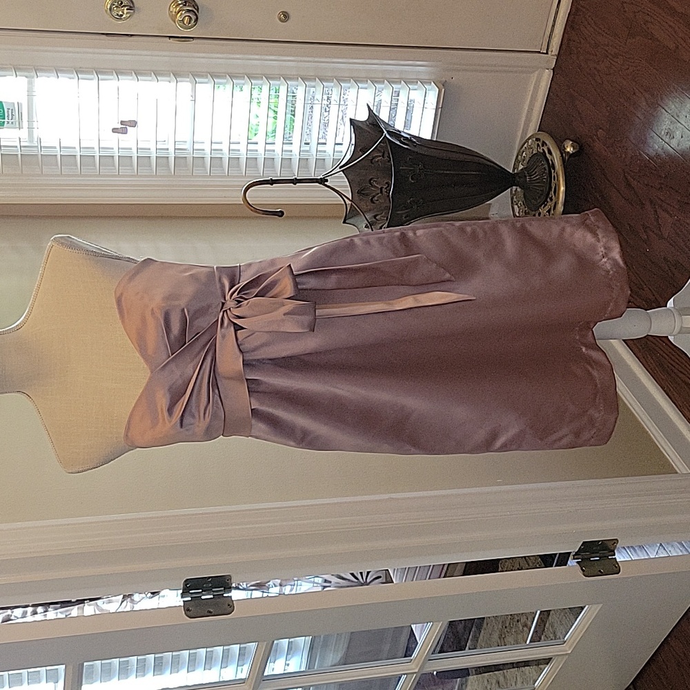 Dessy Collection quartz lilac satin strapless dress empire waist Pockets 6 New …